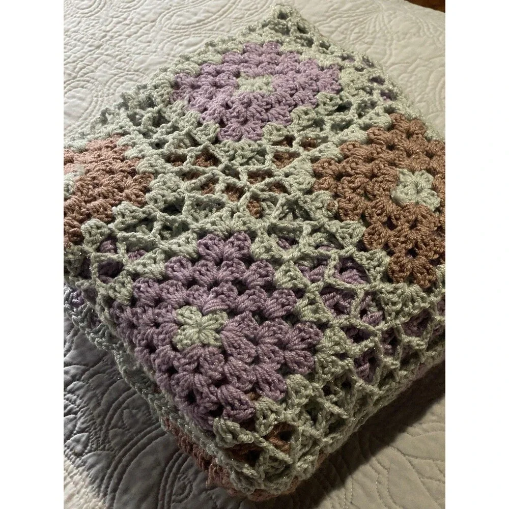 Granny Square Purple Gray Crochet Coverlet Throw Blanket Afghan 53x73 Cottage